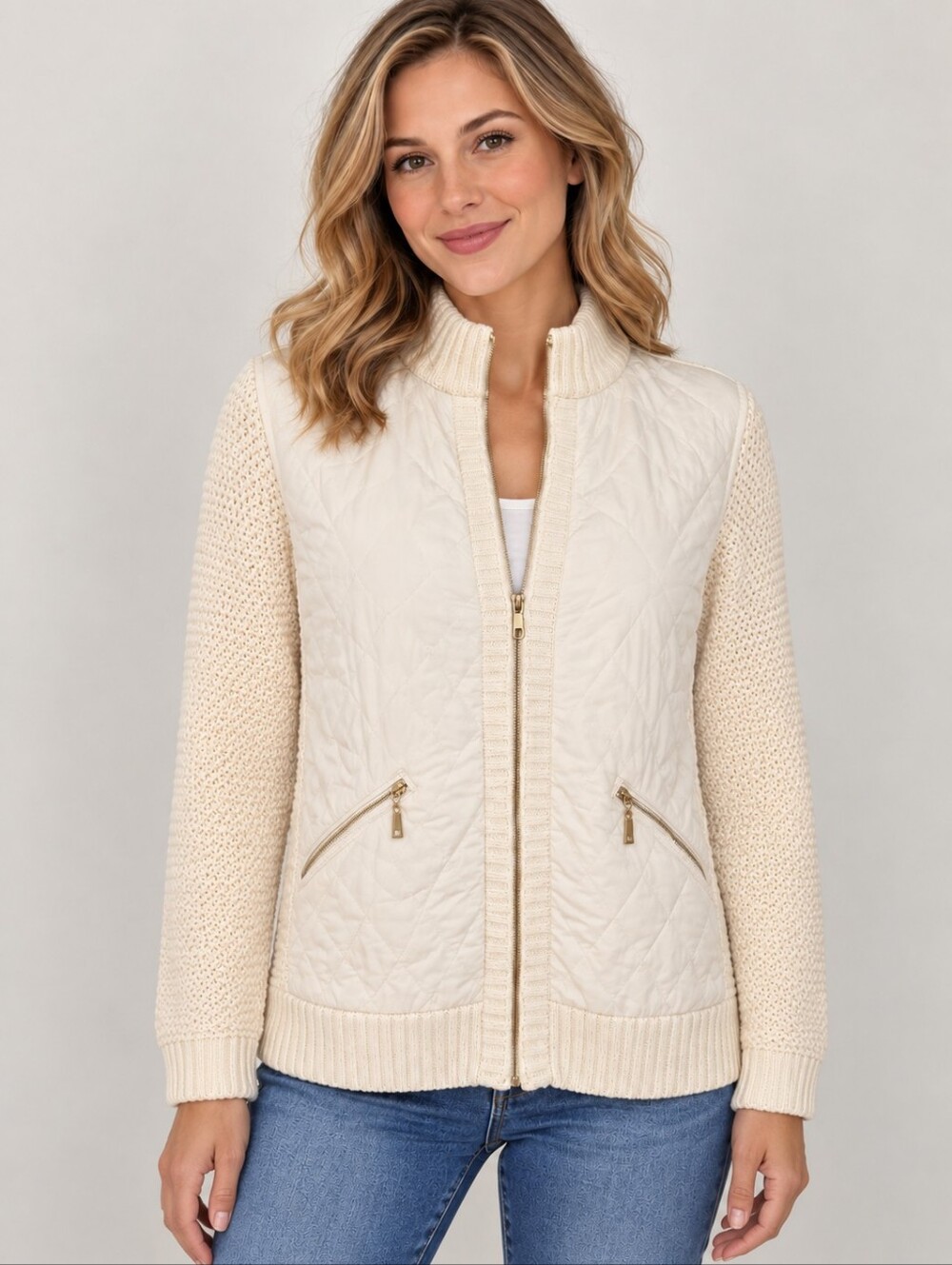 Oliver Cream Quilted Knit Crochet Sweater Zipper Coatigan Size Medium